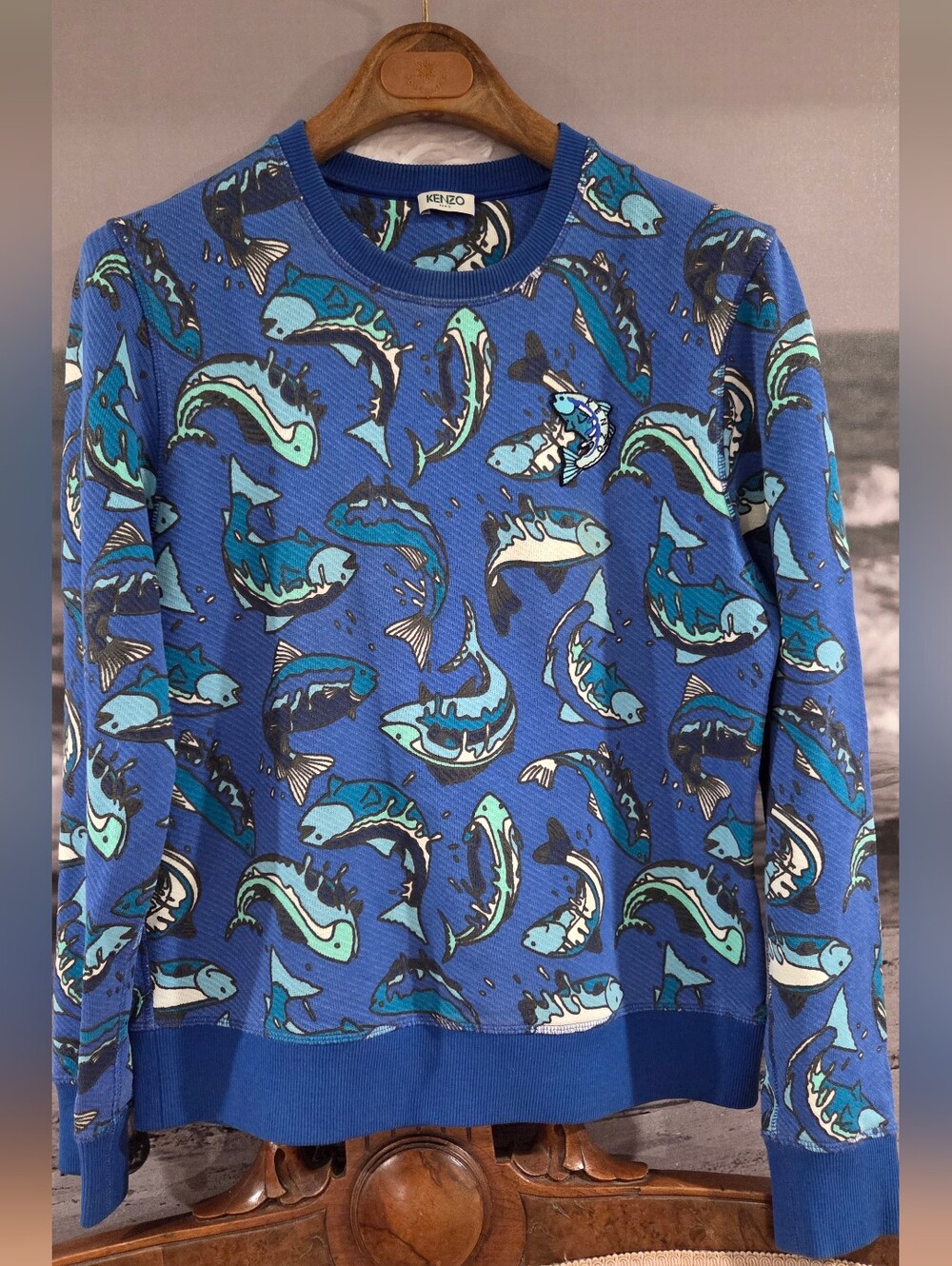 KENZO Paris Fish 🐟 Print Embroidered Sweatshirt Blue 100% Cotton